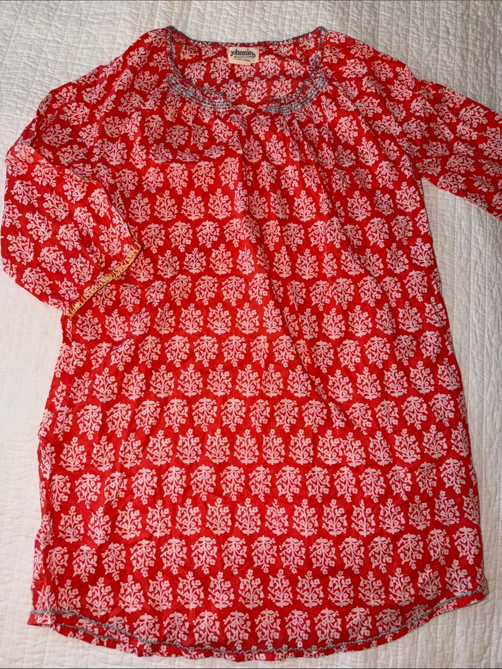 Red Printed Tunic Dress with White Floral Motif